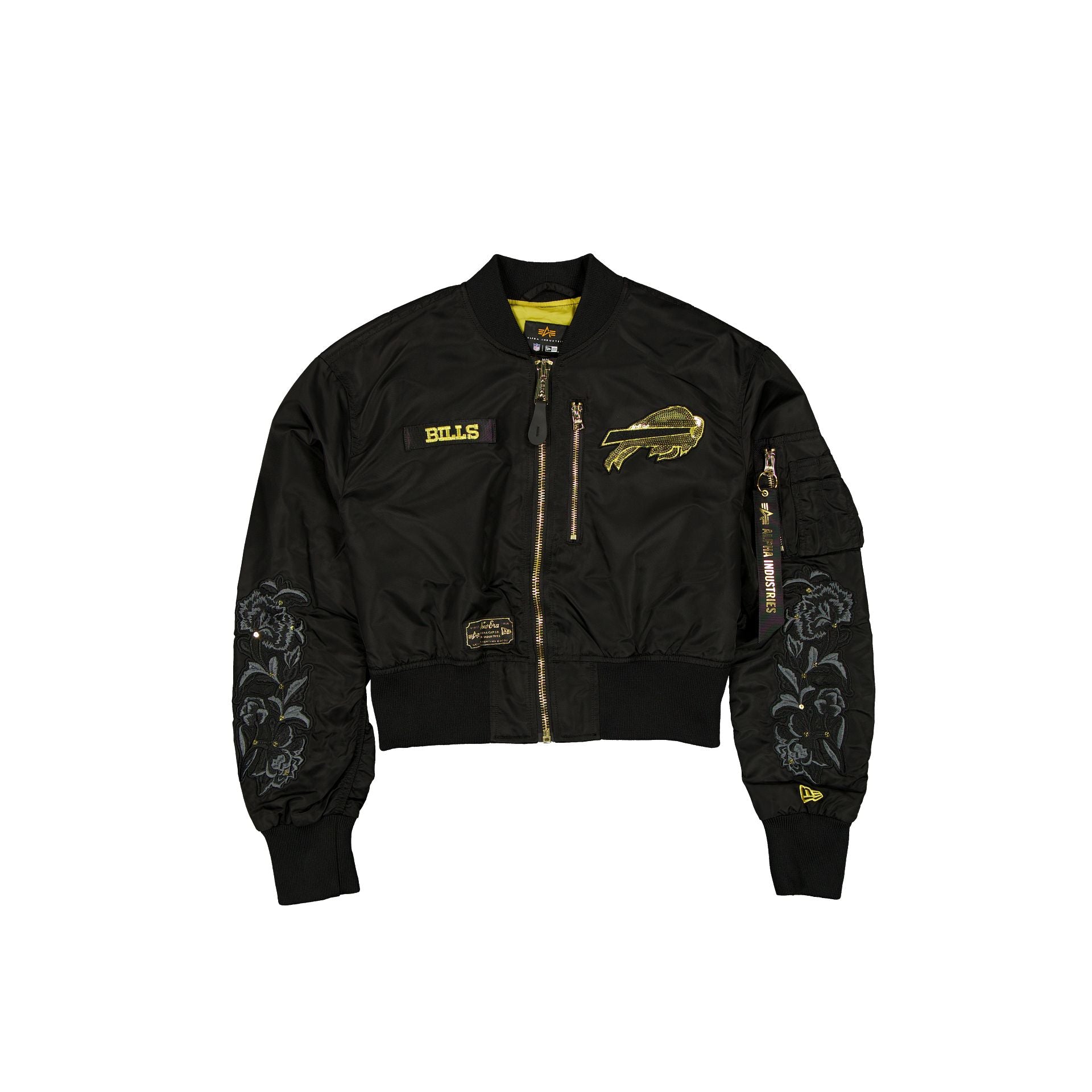 Alpha Industries x Buffalo Bills Black and Gold Women's Cropped L-2B Bomber Jacket